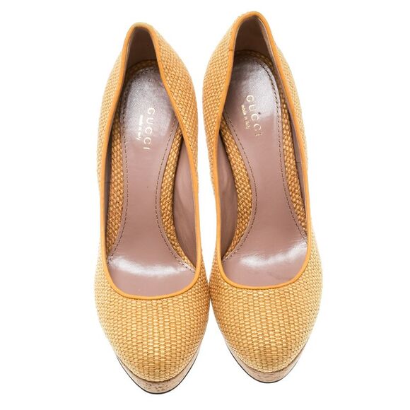 Gucci Yellow Woven Jute Bumblebee Cork Platform Pumps Size 37 - Picture 3 of 4